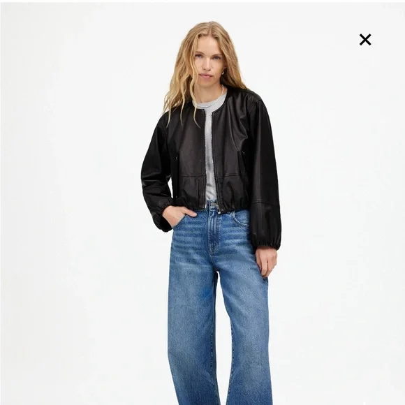 Madewell Black Cropped Leather Bomber Jacket - Picture 2 of 8